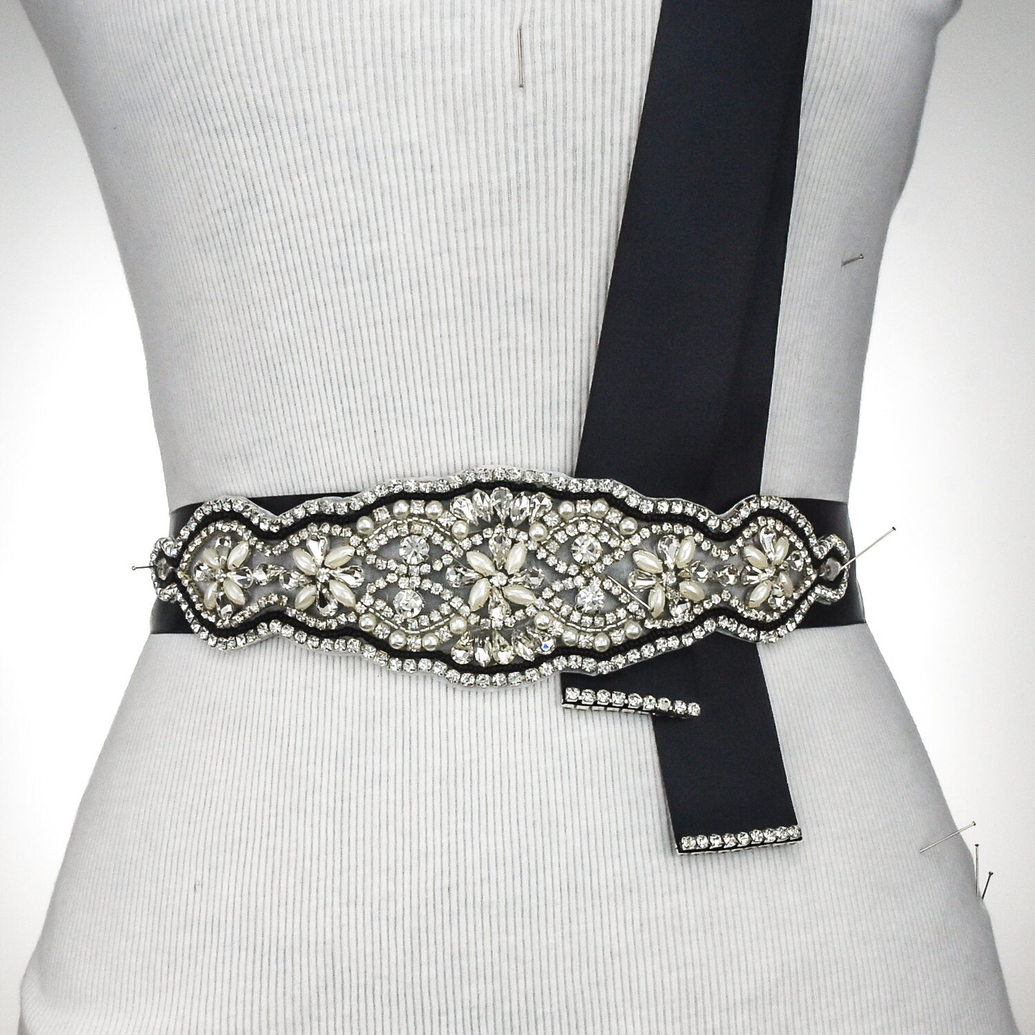 Black Crystal Applique Wedding Belt Rhinestone Crystal Belt