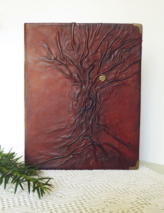 Photo Album 4x6, Leather Album Large, Christmas Gift Idea for Mom, Tree painting, Handmade Album,  Rustic Reddish Brown Leather, Art journal