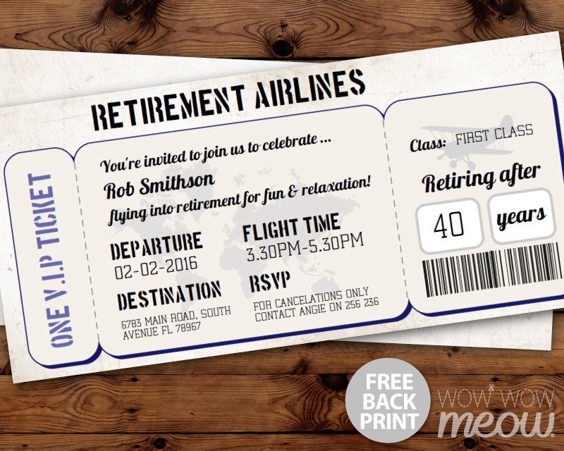 Retirement Ticket Invitation Retired Plane Invite INSTANT
