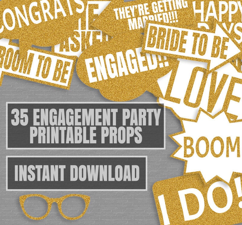 35 gold glitter engagement party game printable props