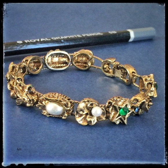 Gold & Gaudy Celestial Gemstone 1970s Sliding Bracelet