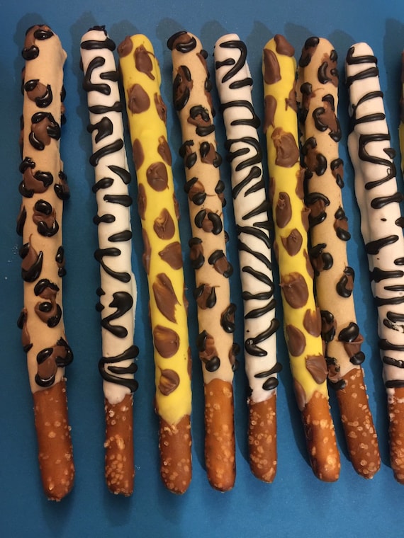 12 safari inspired chocolate pretzel rods Jungle baby shower theme