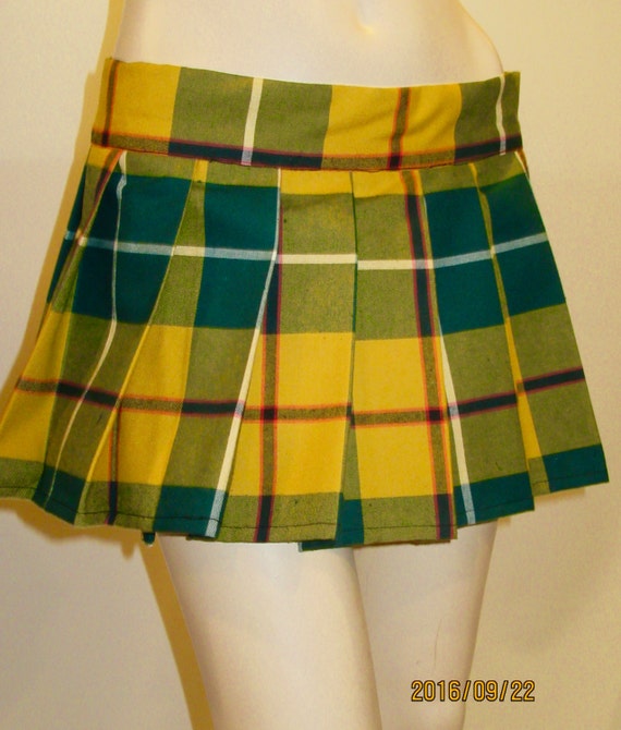 Yellow Green Plaid Pleated mini Skirts Halloween Plaid Skirts