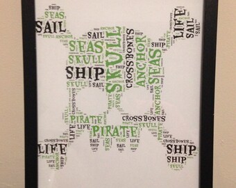 Skull And Cross Bones Word Collage, Pirate Home Decor, Boys Birthday Gift, Handmade Art, Man Cave Wall Hanging