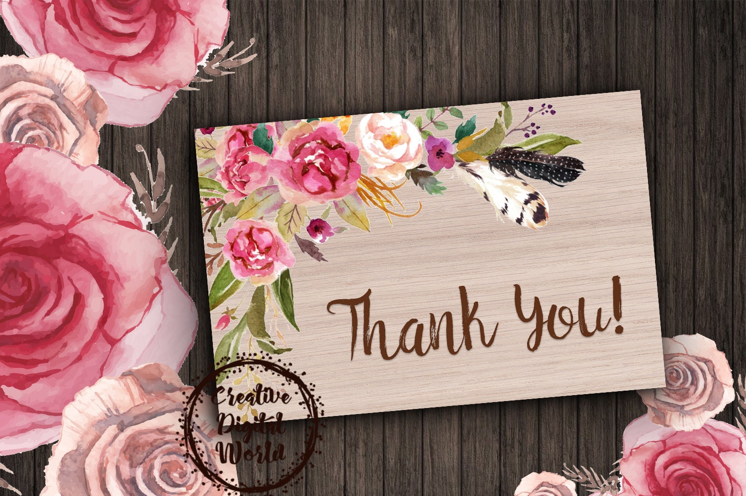 Thank You Card Floral Boho Rustic Flowers Wood Peonies