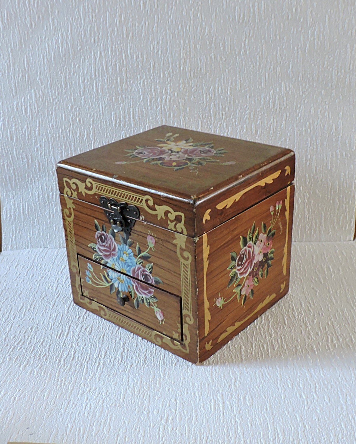 Wooden jewellery box with flowers pattern midcentury by 
