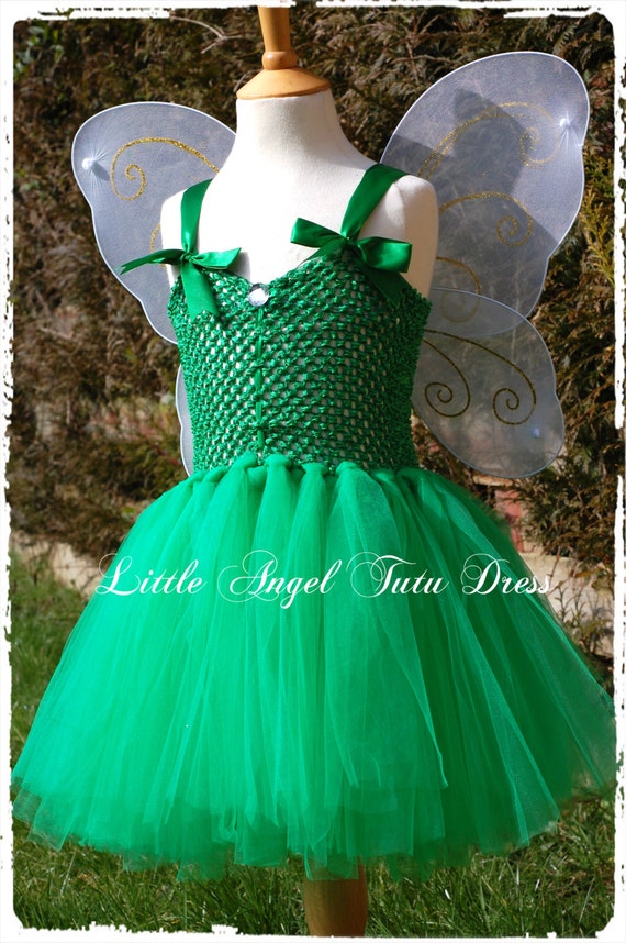 Green Tinkerbell Fairy Tutu Dress White Wings handmade