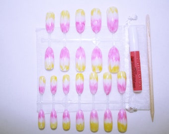 Hand Painted Pink Yellow Fade Long Oval False Nails // Gifts for Her // Faux Ongles // Uñas Postiza // Falsche Nägel