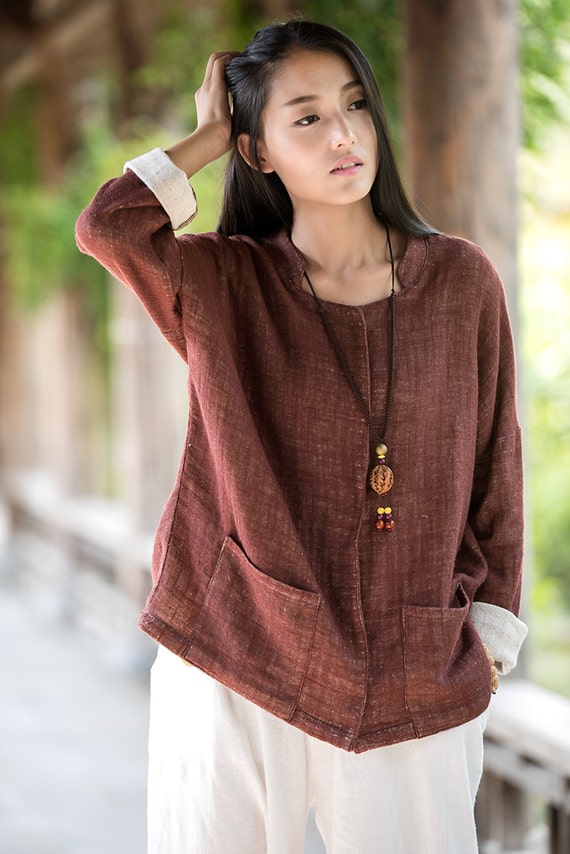 Womens Spring Summer Loose Fitting Long Sleeve Linen Tops