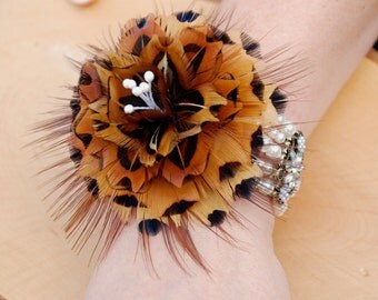 EMMA, Wrist Corsage, Feather Corsage, Wedding Pin, Wedding Boutonniere, Groom Lapel Pin, Feather Hat Pin, Pheasant Feather, Feather Brooch