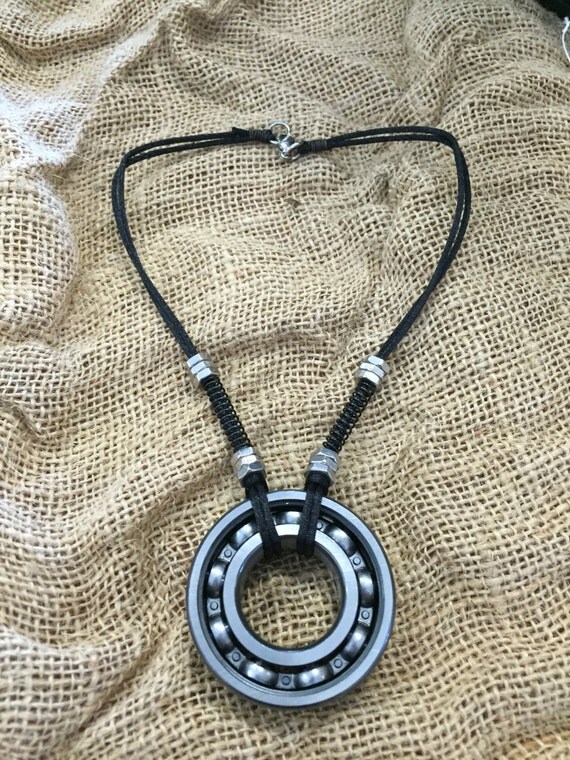 Stainless Steel Ball Bearing Pendant Necklace with Black Satin