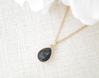 Black and gold teardrop necklace, Swarovski pendant bridal necklace, Simple crystal wedding necklace