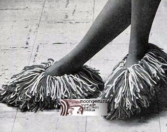 Knitted Moppets Shaggy Slippers Scuffs Shoes Fabulous Vintage 60s Knitting Pattern PDF