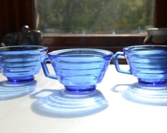 hazel atlas blue glass tea cups set of 3