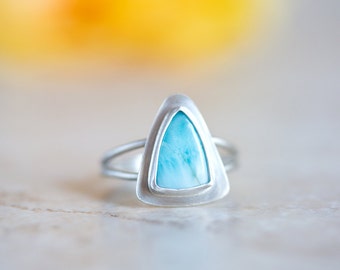 Larimar Ring, Blue Gemstone Ring, Triangle Shape Larimar Silver Ring