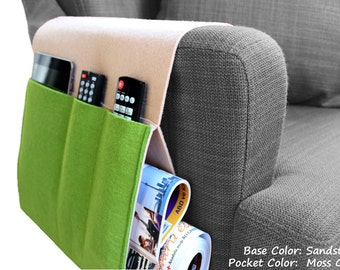 Felt Sofa Organizer, Pocketed Armrest Organizer, Newspaper Magazine Remote Control Holder in Sandstone / Moss Green Colors