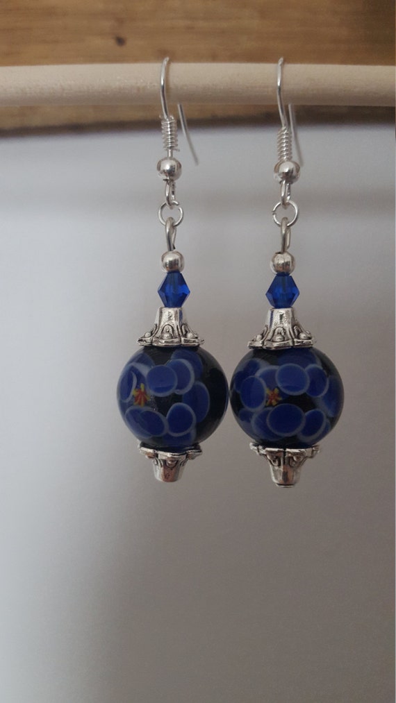 Blue flower Lampwork glass bead dangle