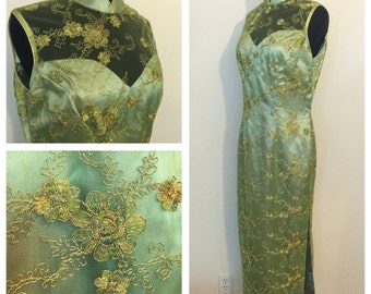 Vintage/ Vintage Style Chines Dress, Cheongsam Mandarin Collar Light Green Dress with Gold Embroidered Tulle, Wiggle Dress, Size: