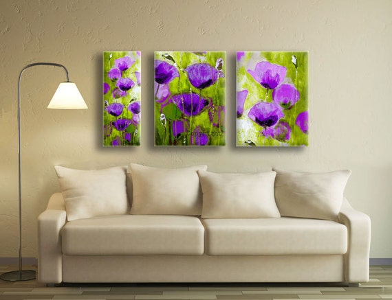 Paarse bloemen multi panel kunst, paarse poppy, bloem schilderen ... Decoratie woonkamer paars