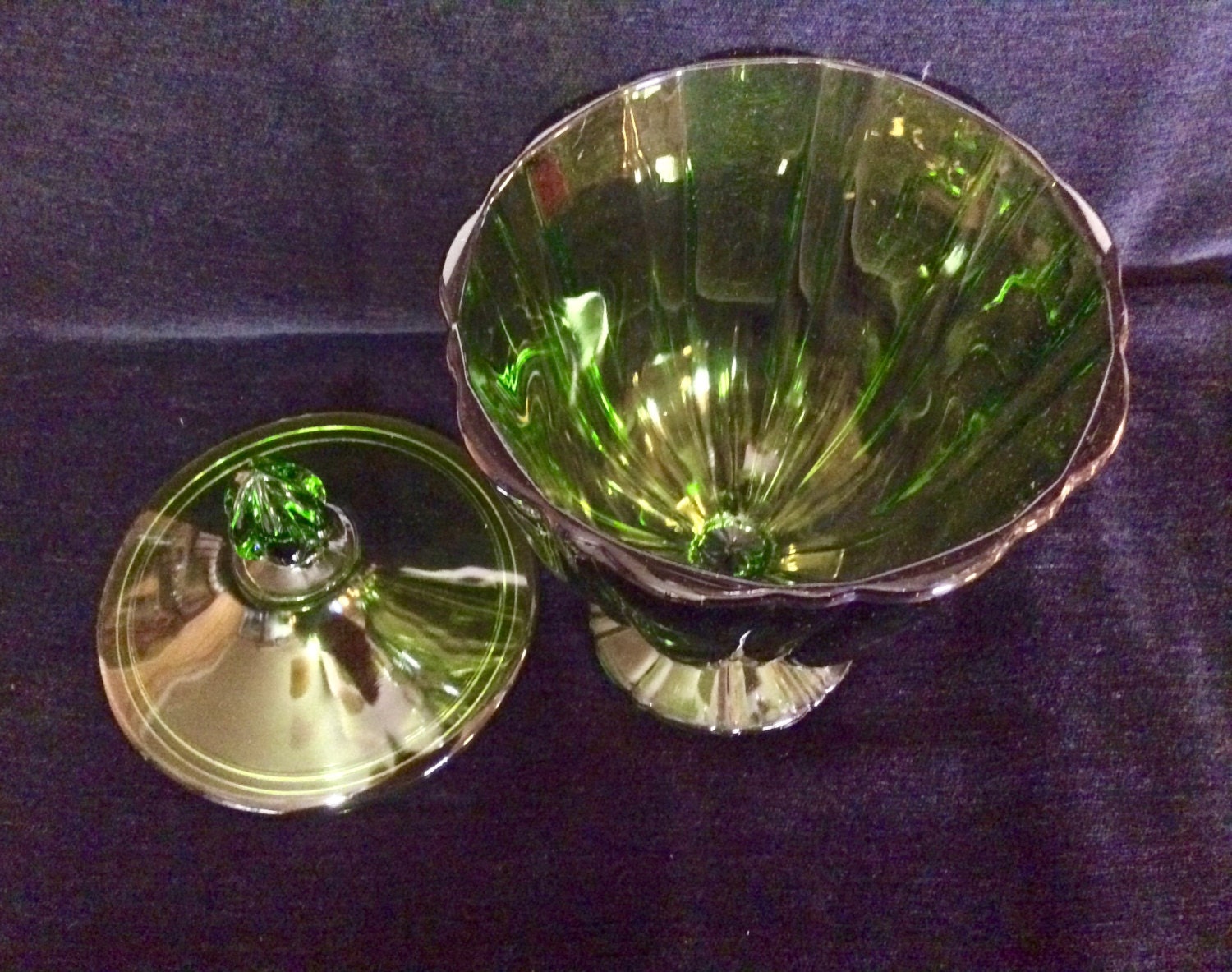 Vintage Green Glass Footed Compote Pedestal Bowl Pressed