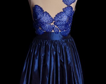 Wedding dress, blue dress, cerimona, woman bust taffeta tulle appliques, wedding dress, style 50 years