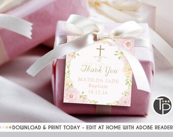 BAPTISM Favor Tag, Rose Gift Tags, Girl Baptism Favor Tag, Baptism Printable, Girl Baptism Bonbonniere, Thank you Tag, Square Gift Tag, 0201