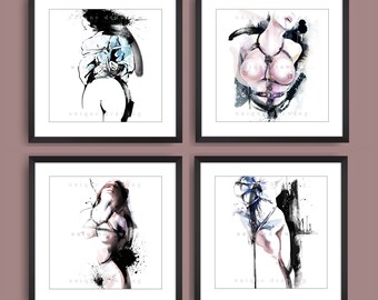Nude print, Nude poster, whipped woman bdsm, Bondage submissive woman, BDSM poster, Fetish art, Set of 4 prints, bedroom wall print, 3262