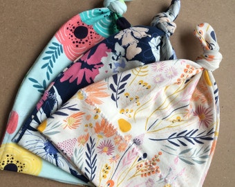 Set of 3 top knot baby hats / girls floral print hats / top knot hat set / cute baby hats