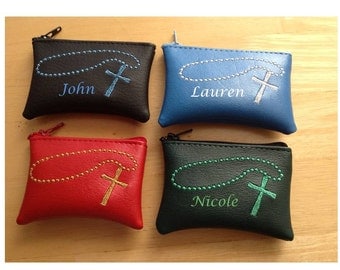 Rosary bag wallet with beads & cross with your name 4" x 2-3/4" any color personalized embroidered religion religious