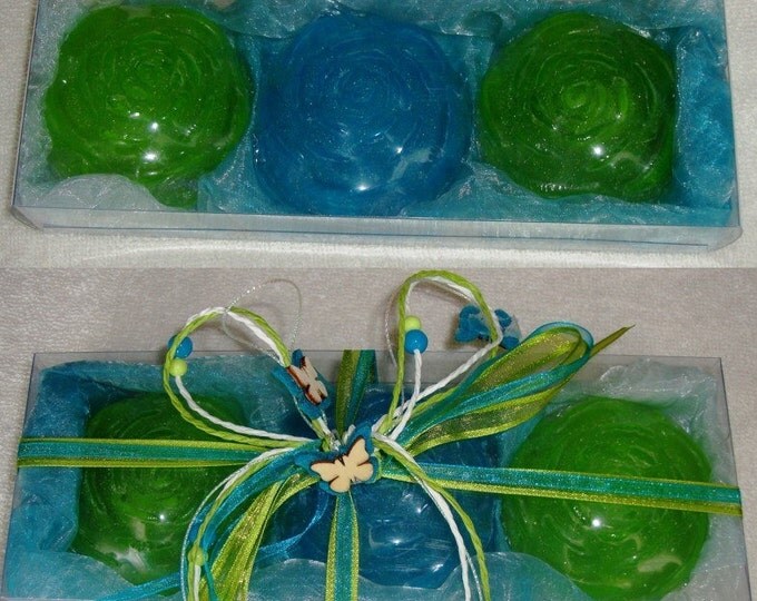 Mardi Gras Set, Green Aquamarine Floral Elegant Gift, Luxury Glycerin Scented Soaps, Summer Gift, Feast gift, Party gift, Father Day gift
