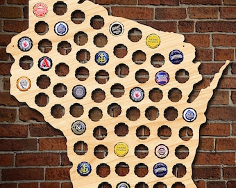Wisconsin Beer Cap Map - Can be Personalized! - Made of Beautiful Birch Wood! - WI Beer Cap Holder, Craft Beer Gifts for Men, Packers Fans