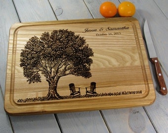 Personalized Cutting Board Custom Cutting Board Wedding Gift, Wedding Tree With Adirondack Chairs Housewarming, Anniversary Gift With Groove