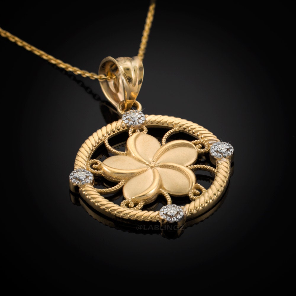 Gold Hawaiian Plumeria Flower Diamond Pendant Necklace 10k