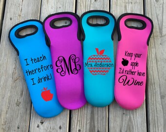 Neoprene Teacher Wine Bottle Tote bag, gift, apple, end of the school year