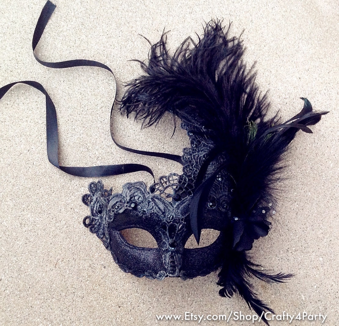 Halloween Masquerade Mask Black Red Lace Feather Encrusted
