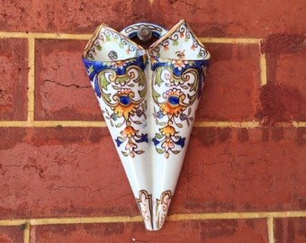 Antique French Faience Double Wall Vase, French Wall Pocket, Vintage Wall Vase, Faience Wall Pocket Collectable, Vintage Christmas Gift