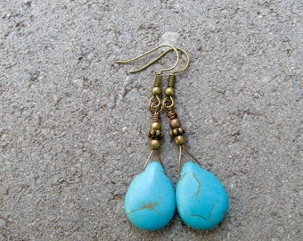 Turquoise Blue Howlite Earrings, Howlite Teardrop, - Turquoise - Bronze Earrings - Southwestern - Everyday Jewelry