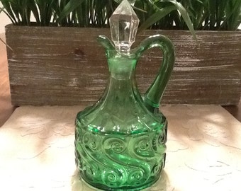 Vintage Fenton S Pattern LG Wright Green Cruet Green Glass Bottle with Clear Stopper