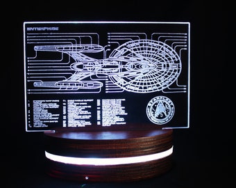 Star Trek Enterprise Lamp inspired Acrylic Light, Colour Changing LED Desk Lamp, Faux Holographic Plate Detailed Starfleet Starship Diagram