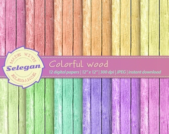Colorful Wood, Digital Paper, Scrapbooking, Paper, 12x12, Printable, Wood, Pattern,Texture, Background