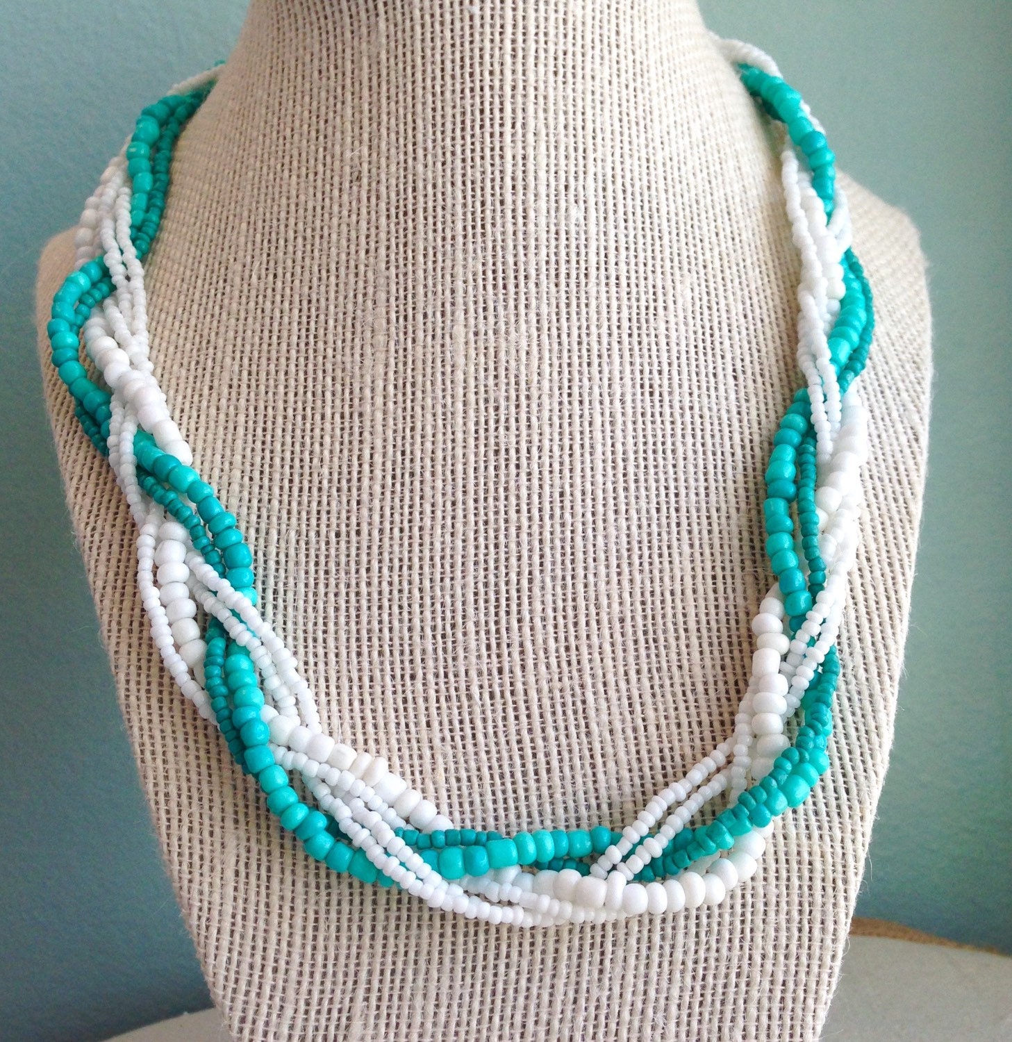 Turquoise and White Seed Bead Necklace Braided Necklace