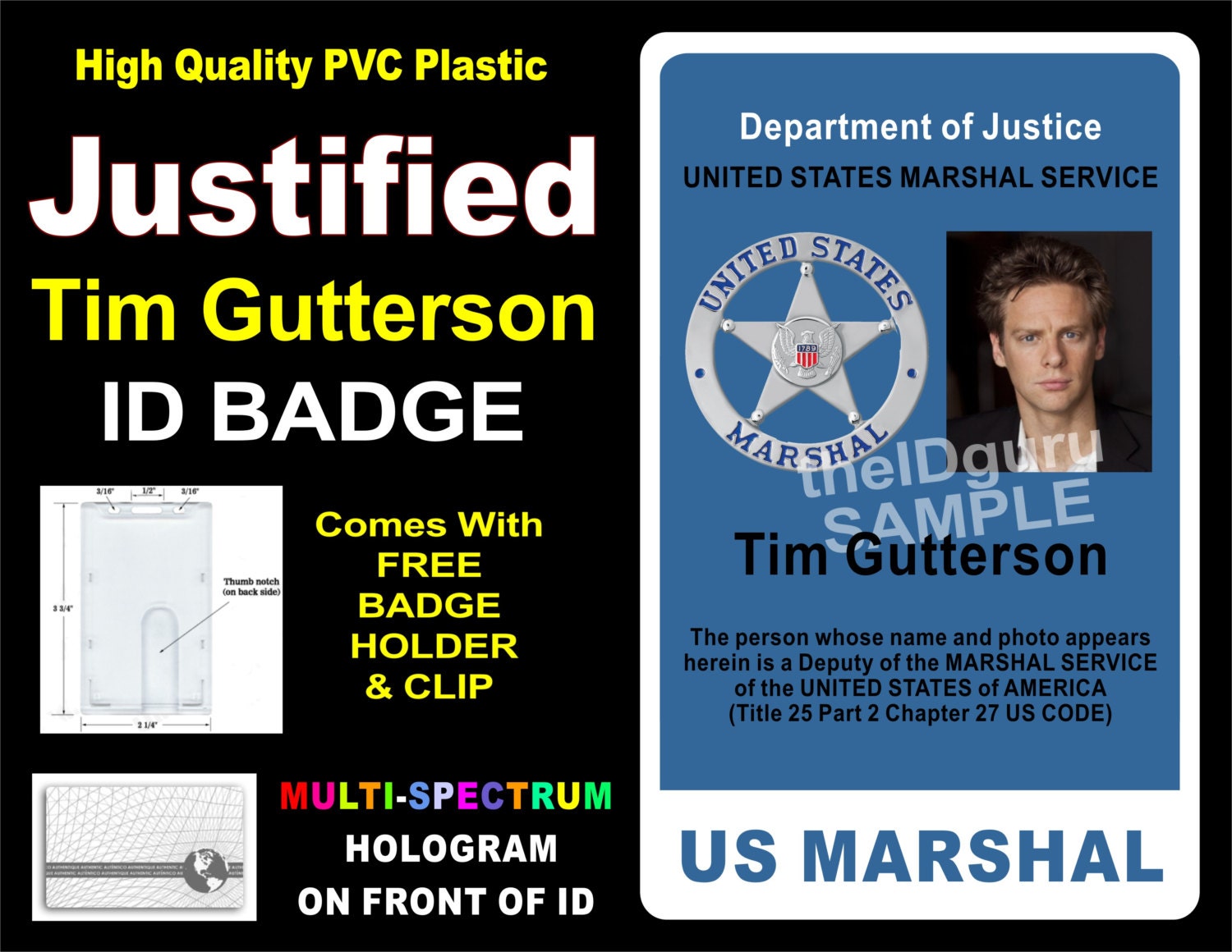 Justified Tim Gutterson US Marshal ID Badge / Card Prop