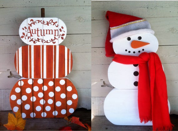 Items similar to Reversible Pumpkin/Snowman Set 2 for 1 Wood Pumpkin ...