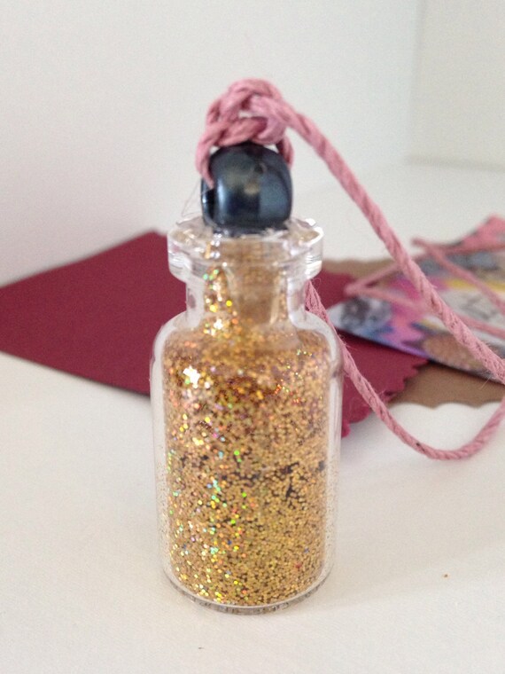 Bottle Necklace Gold Glitter Miniature Bottle Necklace Pink