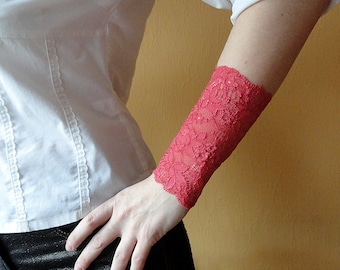 Set of 2 Bracelets, Red Lace Wrist Bracelet Cuff, Stretch Lace Wrist Band, Hair Ties, Tattoo Cover up, Fingerless Lace Gloves, B1162