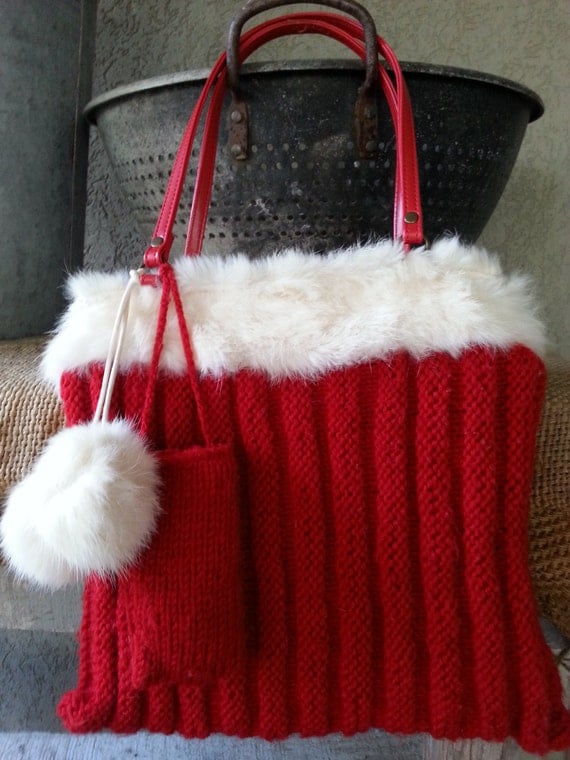 for pom handbag pom fur With Purse Red Knit White Vintage Rabbit Christmas Fur Trim