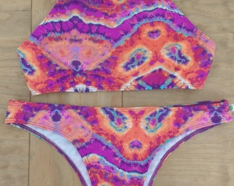 Tie Dye Bikini - Tie Dye Bathing Suit - Tie Dye Bra - Brazilian Bikini - Pink Bikini - Purple Bikini - Pink Cross Back Bikini