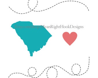 South Carolina svg, state silhouette, heart svg, and dotted lines INSTANT DOWNLOAD vector files for cutting machines - svg, png, dxf, eps