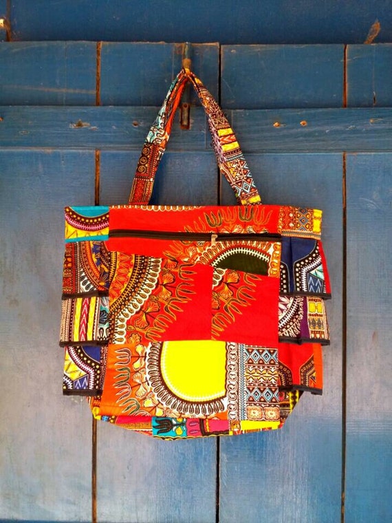 Beach bag womens big bag african print patchwork by AfricaOneLove