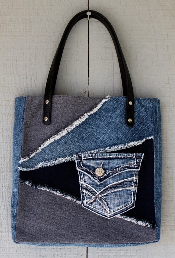 Denim Frayed Patch Tote with Outside Pocket Leather Straps